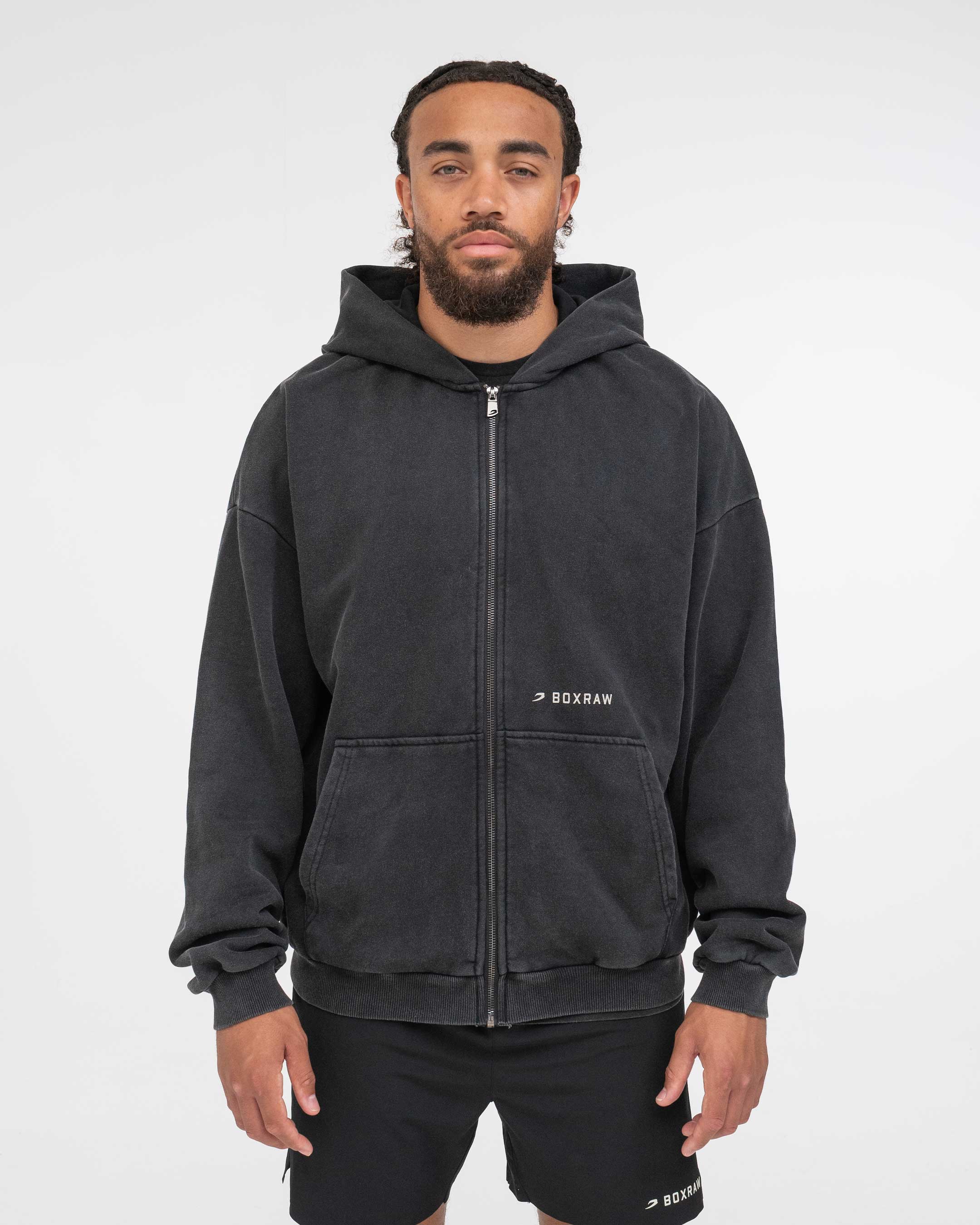 Sparring Club Oversized Zip Up Hoodie - Washed Black | BOXRAW