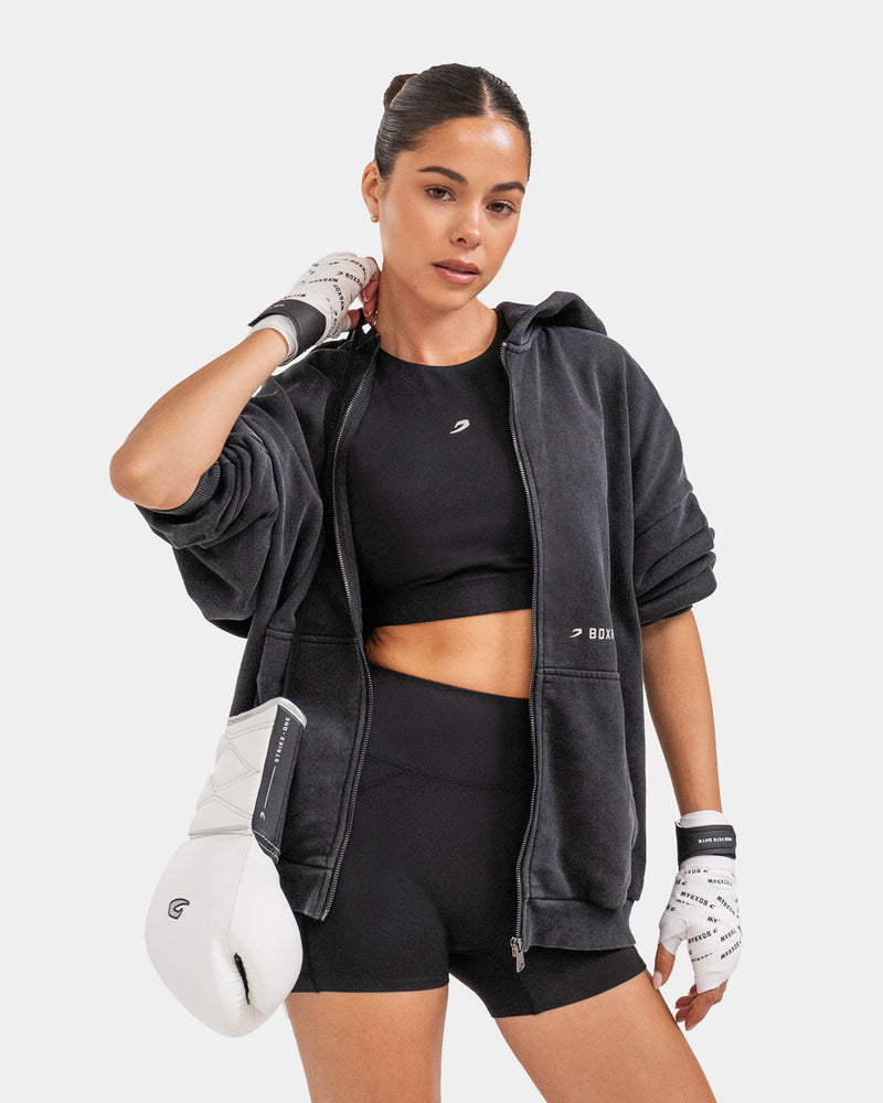 Sparring Club Oversized Zip Up Hoodie - Washed Black